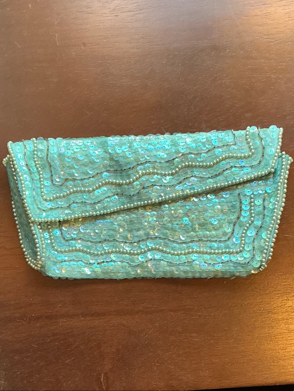 Turquoise LA Regal  Sequin & Pearl Trim VINTAGE Clutch